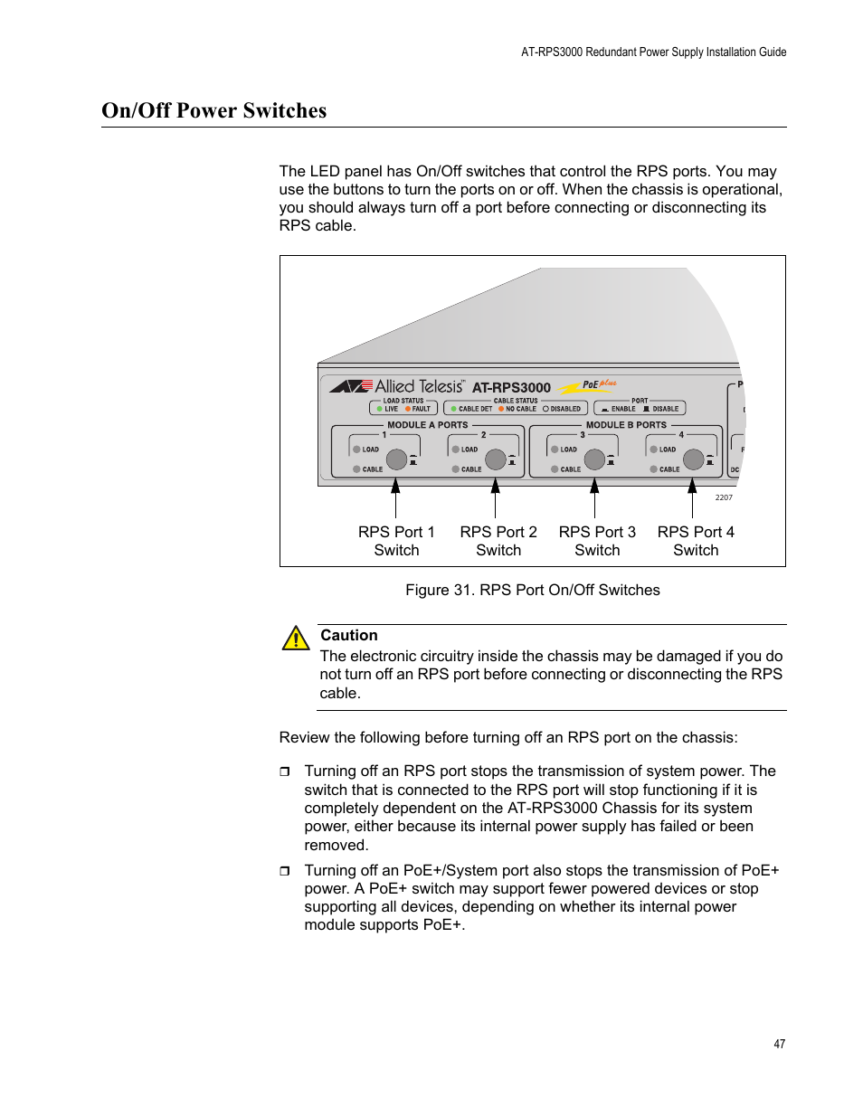 On/off power switches, Figure 31: rps port on/off switches | Allied Telesis AT-RPS3000 User Manual | Page 47 / 92