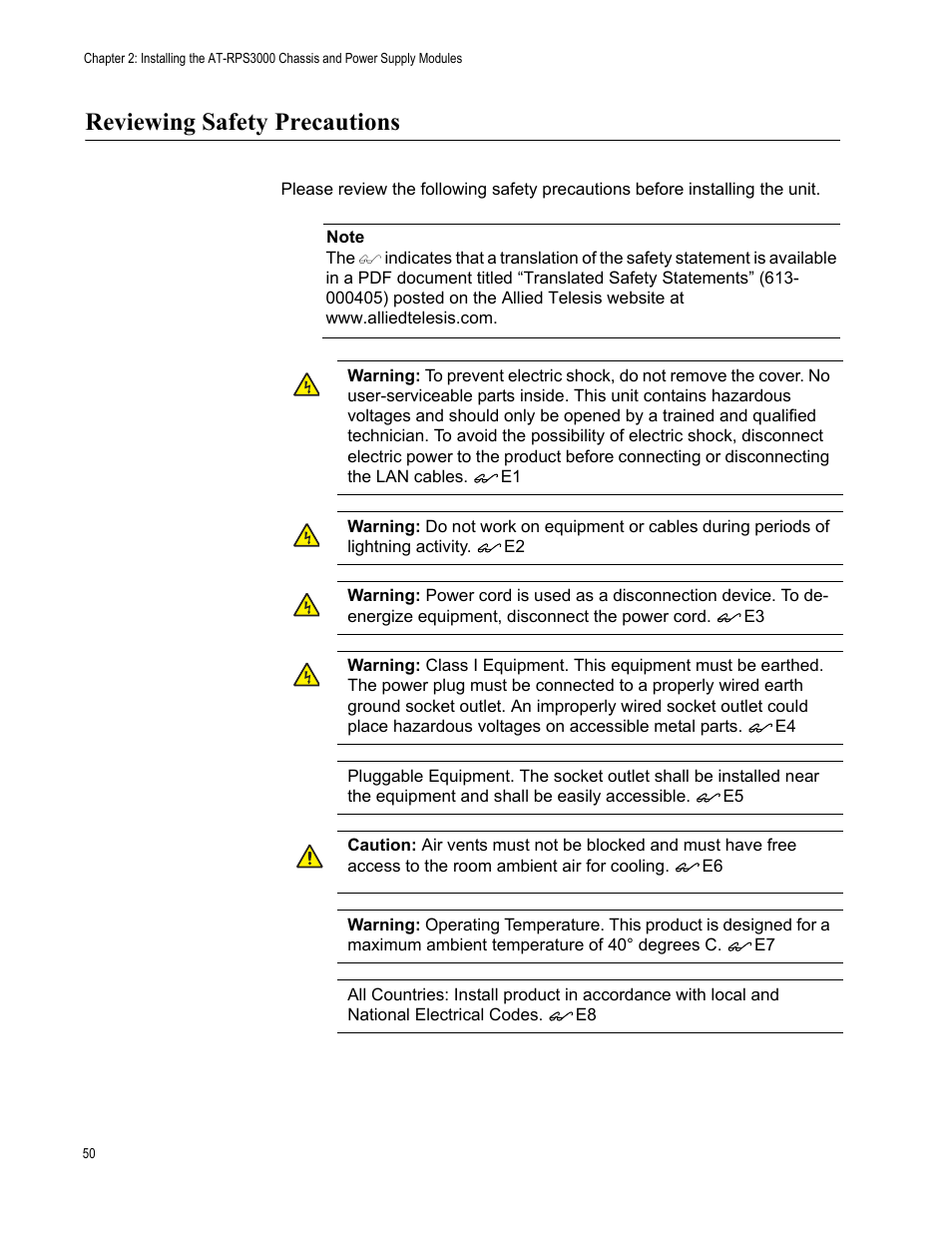 Reviewing safety precautions | Allied Telesis AT-RPS3000 User Manual | Page 50 / 92