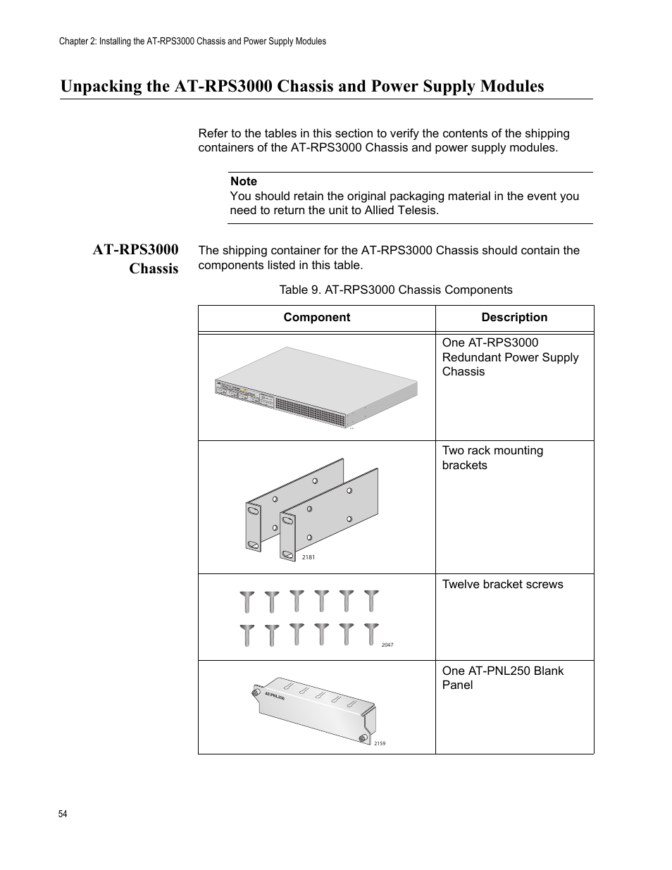 At-rps3000 chassis, Table 9: at-rps3000 chassis components | Allied Telesis AT-RPS3000 User Manual | Page 54 / 92