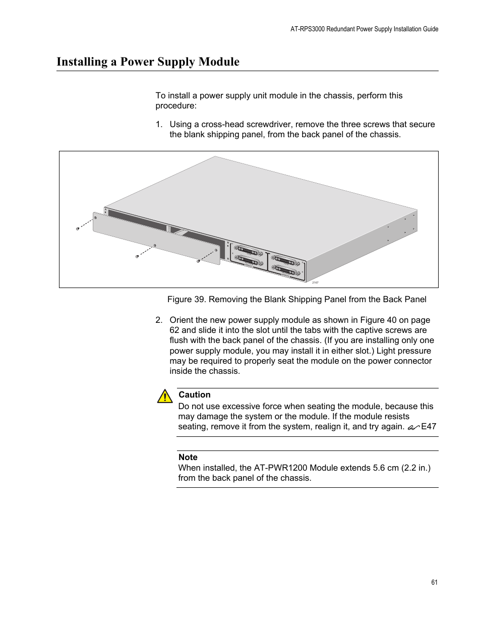 Installing a power supply module | Allied Telesis AT-RPS3000 User Manual | Page 61 / 92