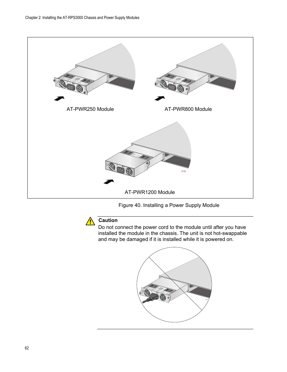 Figure 40: installing a power supply module | Allied Telesis AT-RPS3000 User Manual | Page 62 / 92