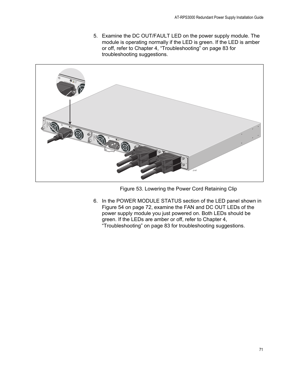 Figure 53: lowering the power cord retaining clip, Dc out fault | Allied Telesis AT-RPS3000 User Manual | Page 71 / 92