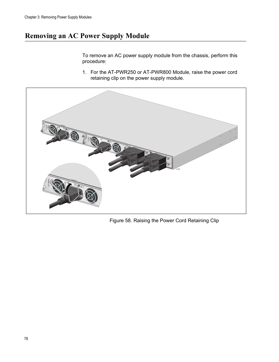 Removing an ac power supply module, Figure 58: raising the power cord retaining clip, Chapter 3: removing power supply modules 78 | Dc o ut faul t | Allied Telesis AT-RPS3000 User Manual | Page 78 / 92