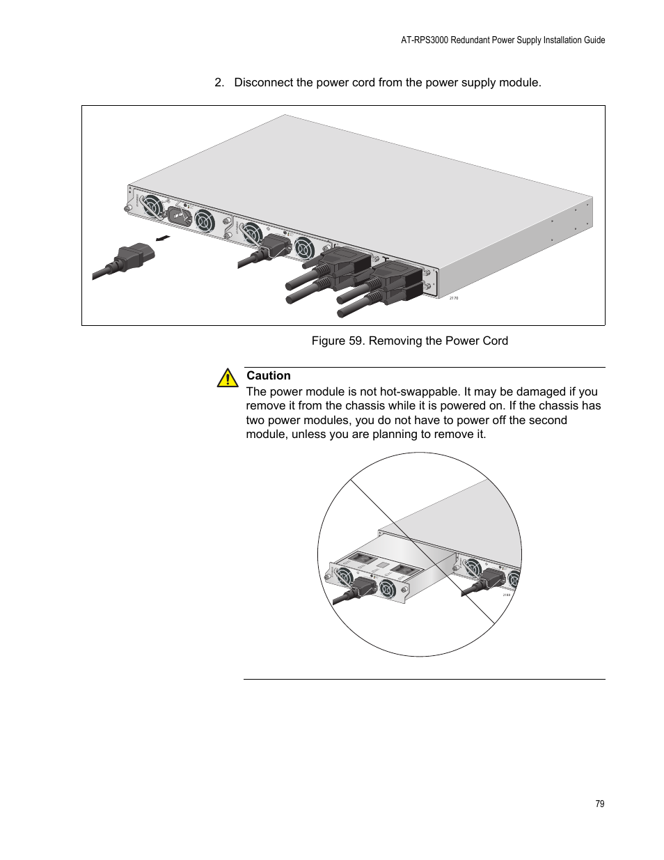 Figure 59: removing the power cord, Dc o ut faul t | Allied Telesis AT-RPS3000 User Manual | Page 79 / 92