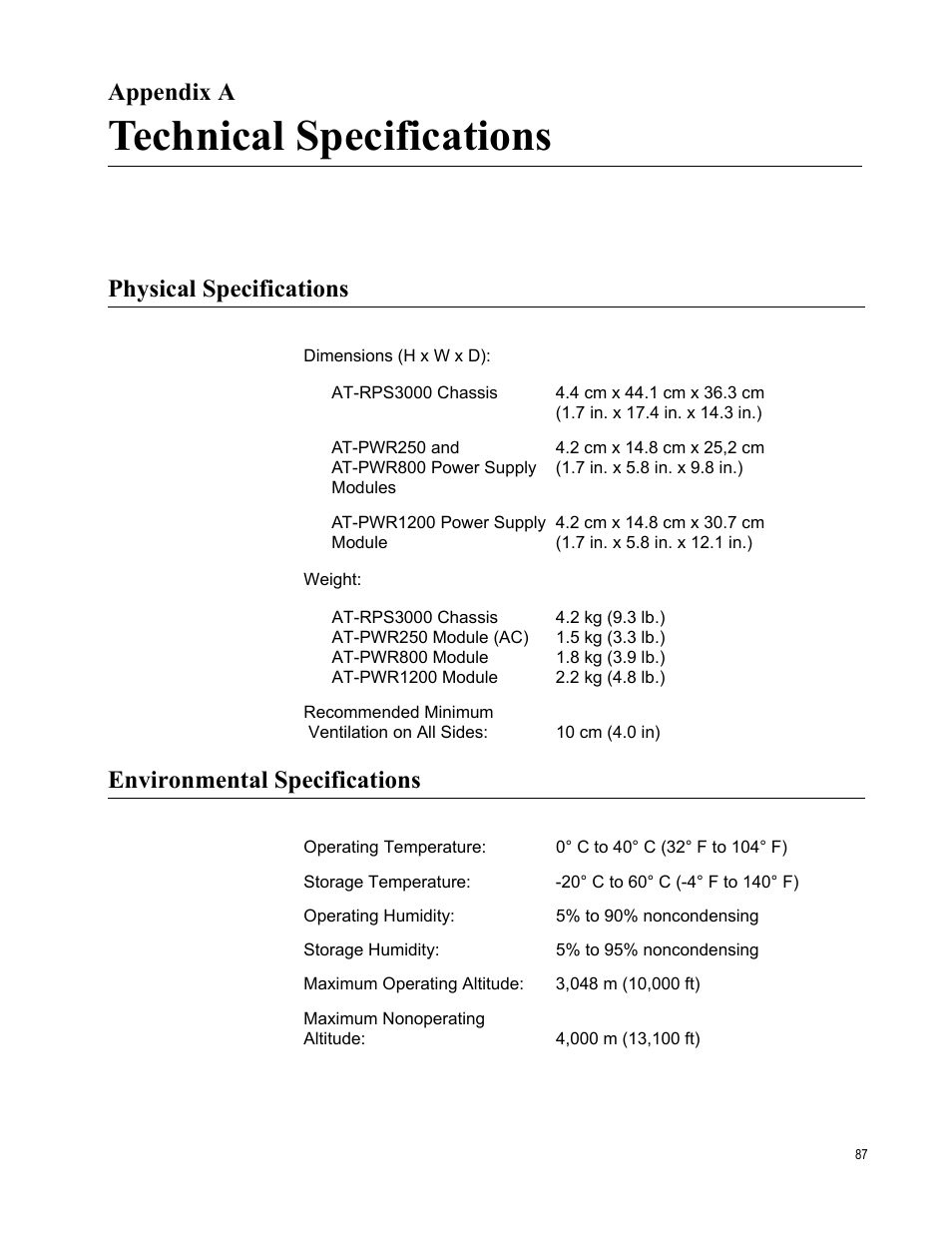 Appendix a, Technical specifications, Physical specifications | Environmental specifications, Appendix a: technical specifications | Allied Telesis AT-RPS3000 User Manual | Page 87 / 92
