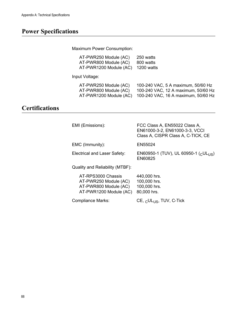 Power specifications, Certifications, Power specifications certifications | Allied Telesis AT-RPS3000 User Manual | Page 88 / 92