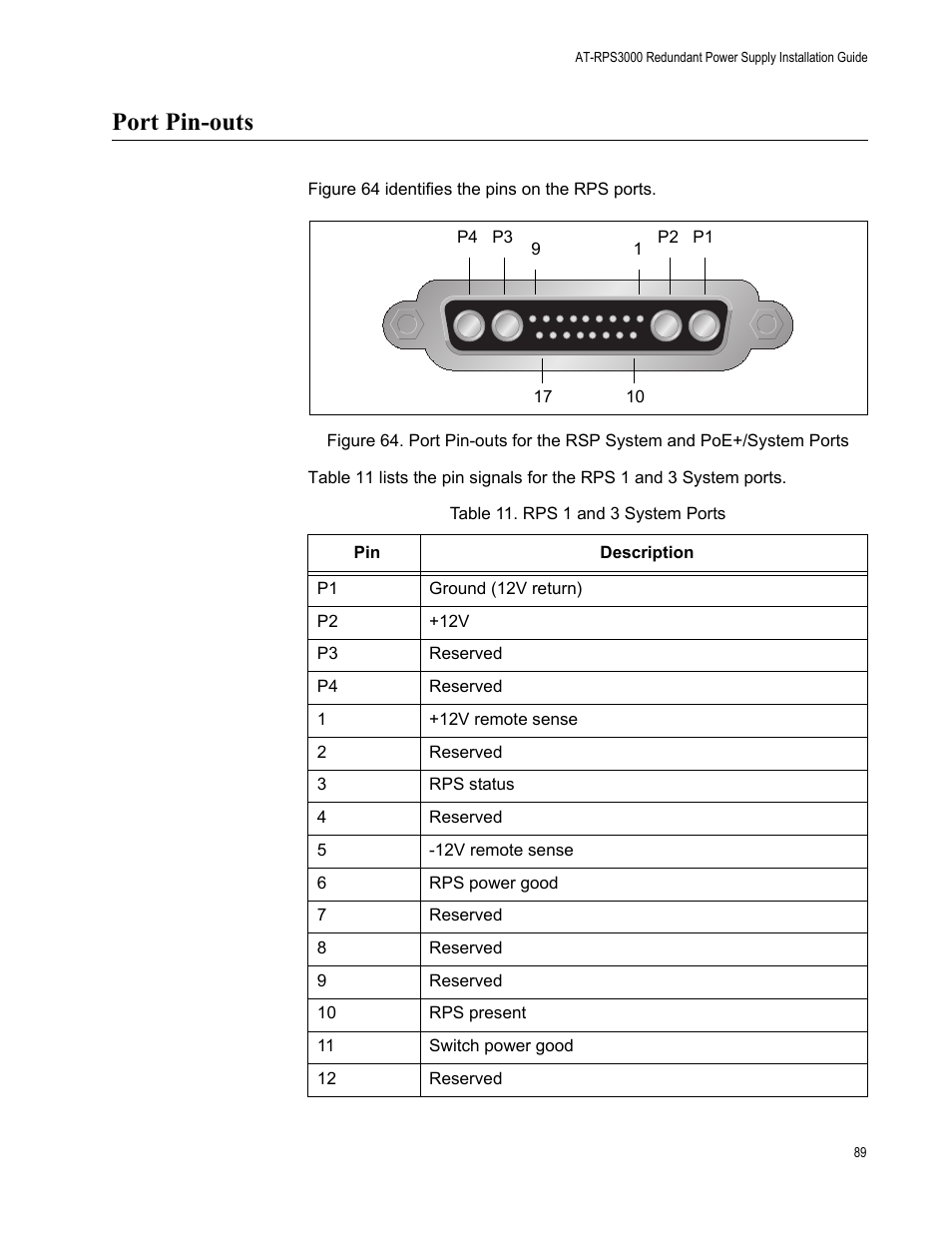 Port pin-outs, Table 11: rps 1 and 3 system ports | Allied Telesis AT-RPS3000 User Manual | Page 89 / 92