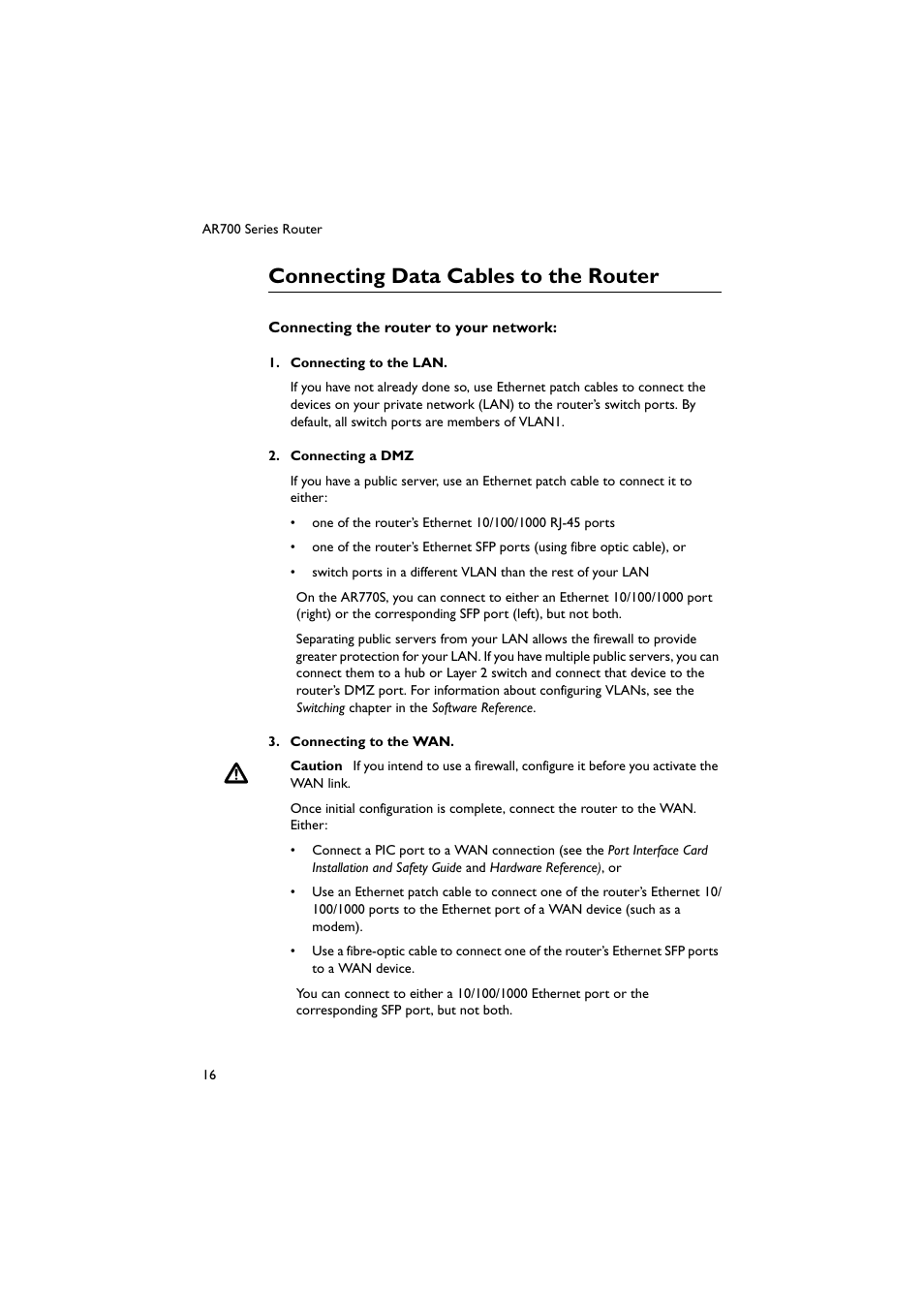 Connecting data cables to the router | Allied Telesis AR700 Series Router User Manual | Page 17 / 38