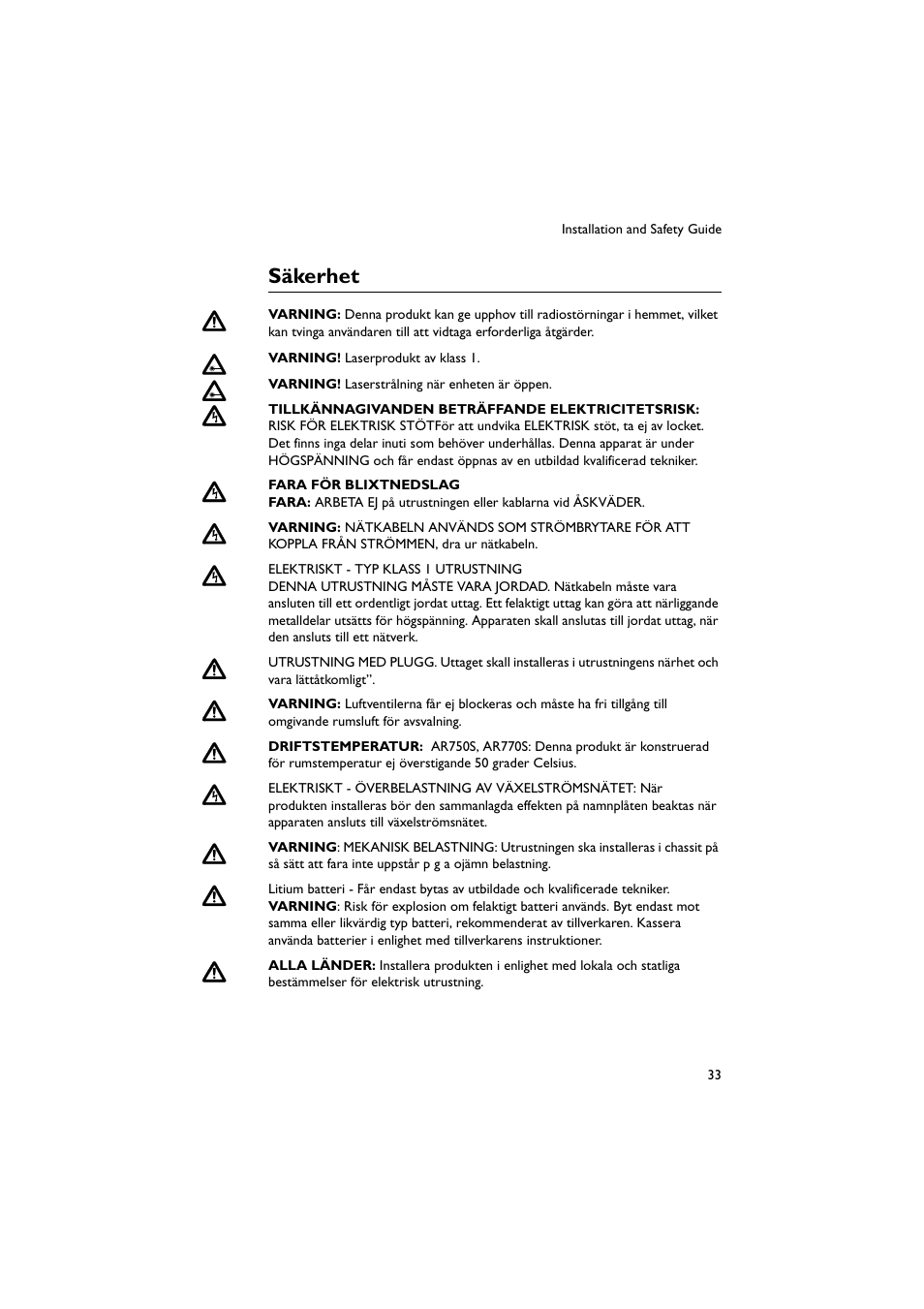 Säkerhet | Allied Telesis AR700 Series Router User Manual | Page 34 / 38