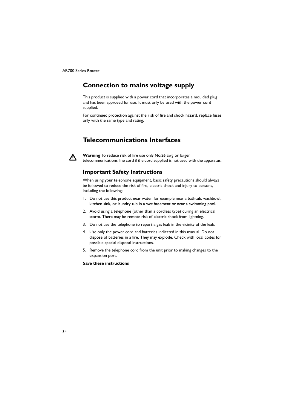 Connection to mains voltage supply, Telecommunications interfaces, Important safety instructions | Allied Telesis AR700 Series Router User Manual | Page 35 / 38