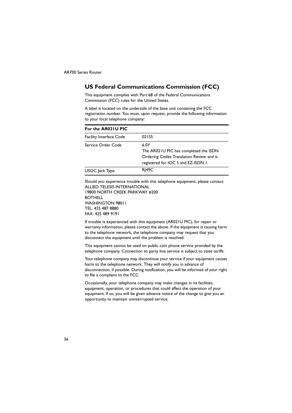 Us federal communications commission (fcc) | Allied Telesis AR700 Series Router User Manual | Page 37 / 38
