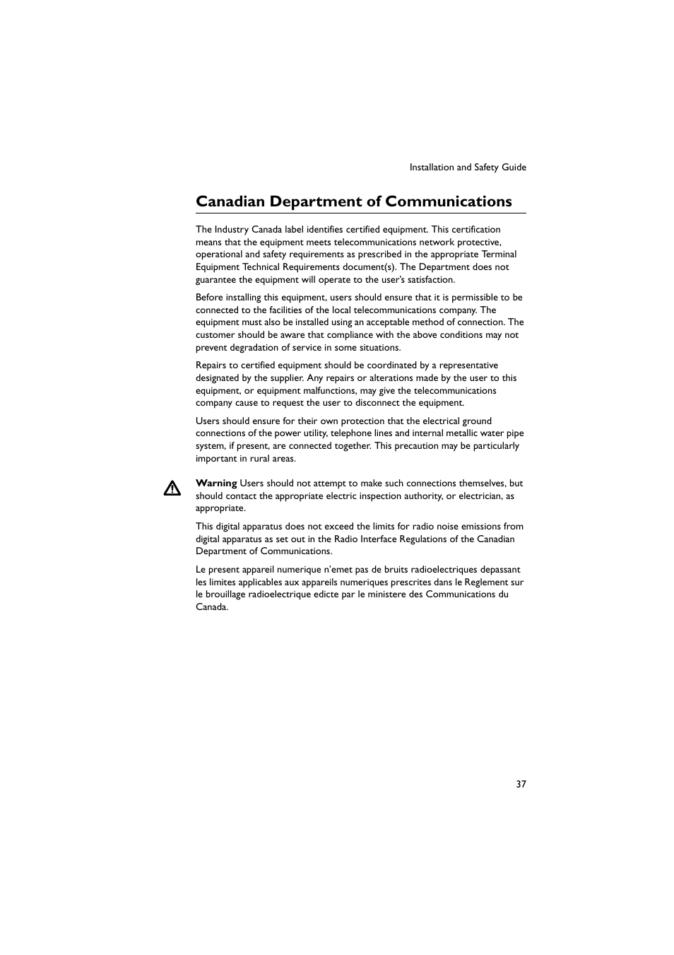 Canadian department of communications | Allied Telesis AR700 Series Router User Manual | Page 38 / 38