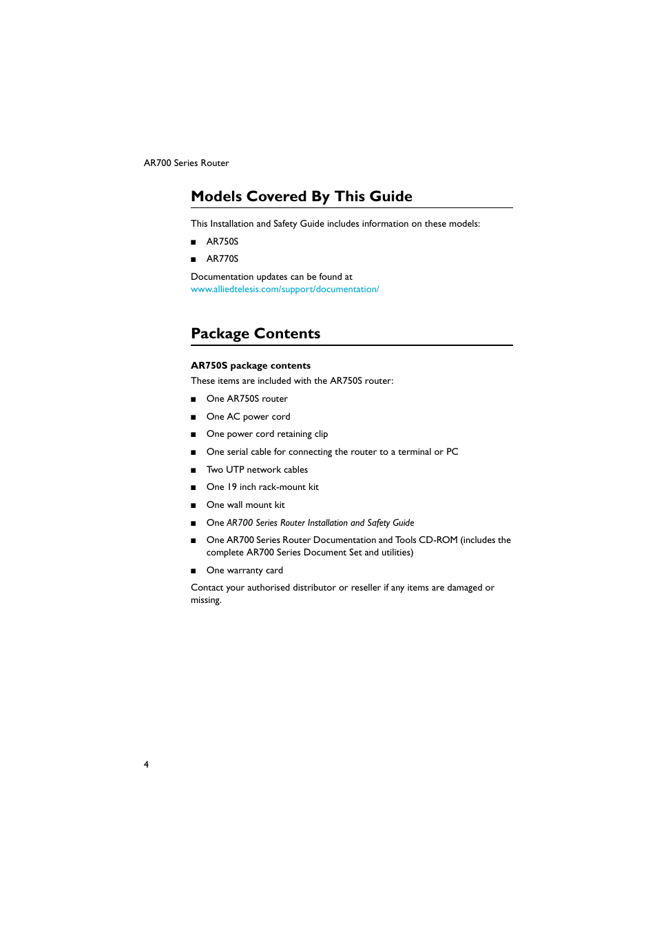 Models covered by this guide, Package contents | Allied Telesis AR700 Series Router User Manual | Page 5 / 38