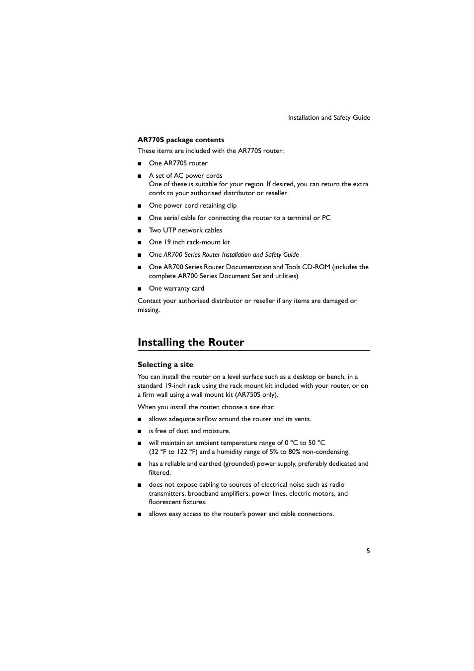 Installing the router | Allied Telesis AR700 Series Router User Manual | Page 6 / 38