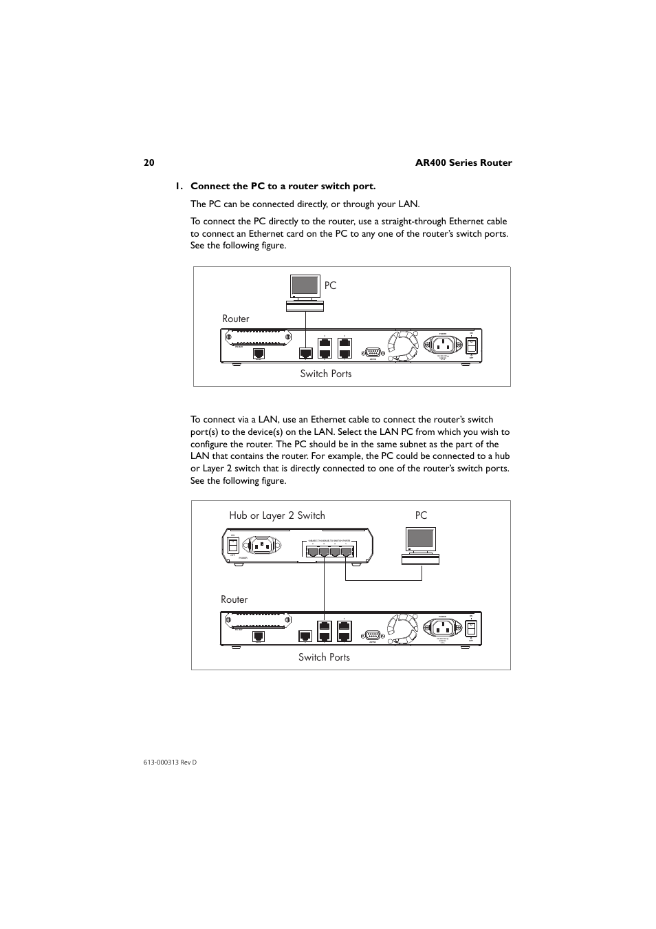 Router pc hub or layer 2 switch switch ports | Allied Telesis AR400 Series Router User Manual | Page 21 / 54
