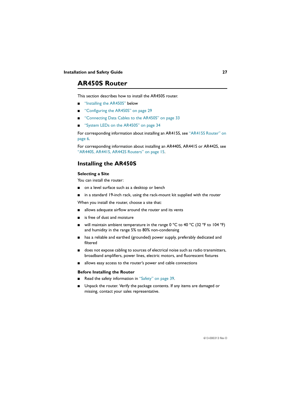 Ar450s router, Installing the ar450s, Ar450s router” on | Allied Telesis AR400 Series Router User Manual | Page 28 / 54