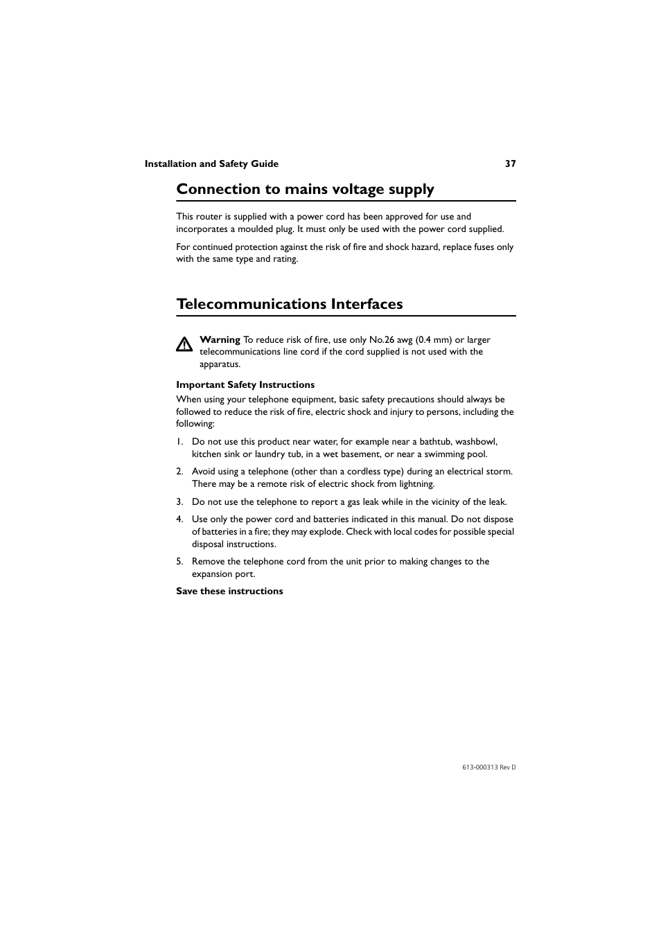 Connection to mains voltage supply, Telecommunications interfaces | Allied Telesis AR400 Series Router User Manual | Page 38 / 54