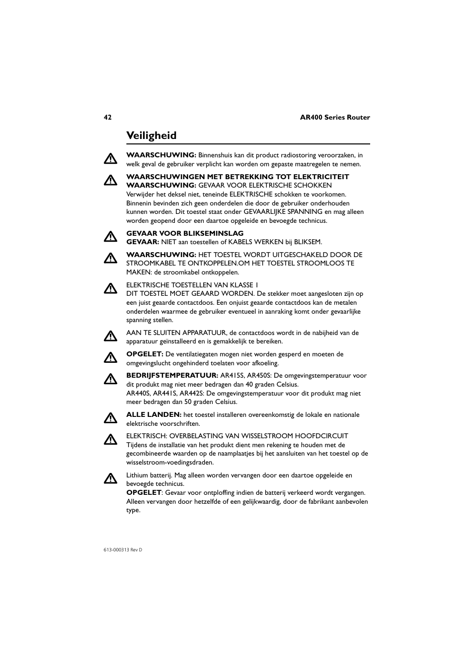 Veiligheid | Allied Telesis AR400 Series Router User Manual | Page 43 / 54