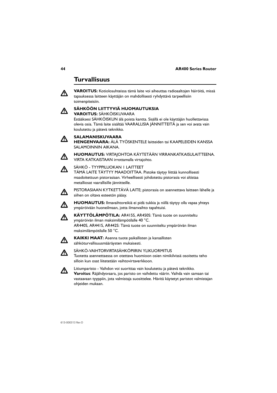 Turvallisuus | Allied Telesis AR400 Series Router User Manual | Page 45 / 54