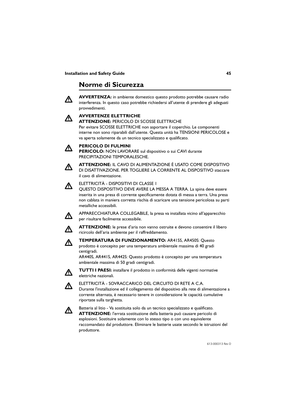 Norme di sicurezza | Allied Telesis AR400 Series Router User Manual | Page 46 / 54