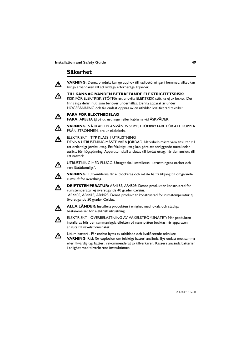 Säkerhet | Allied Telesis AR400 Series Router User Manual | Page 50 / 54