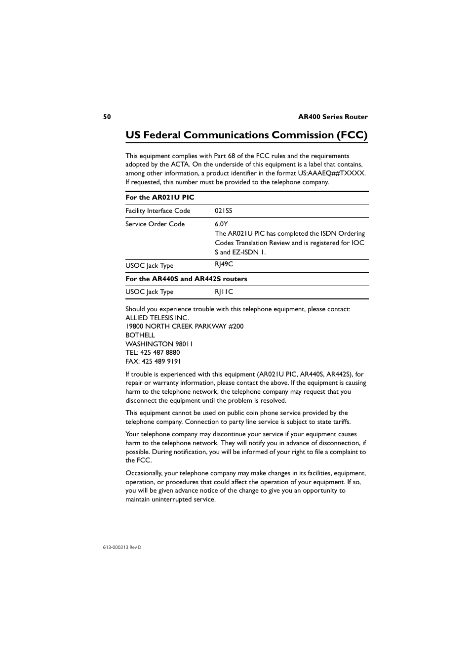 Us federal communications commission (fcc) | Allied Telesis AR400 Series Router User Manual | Page 51 / 54