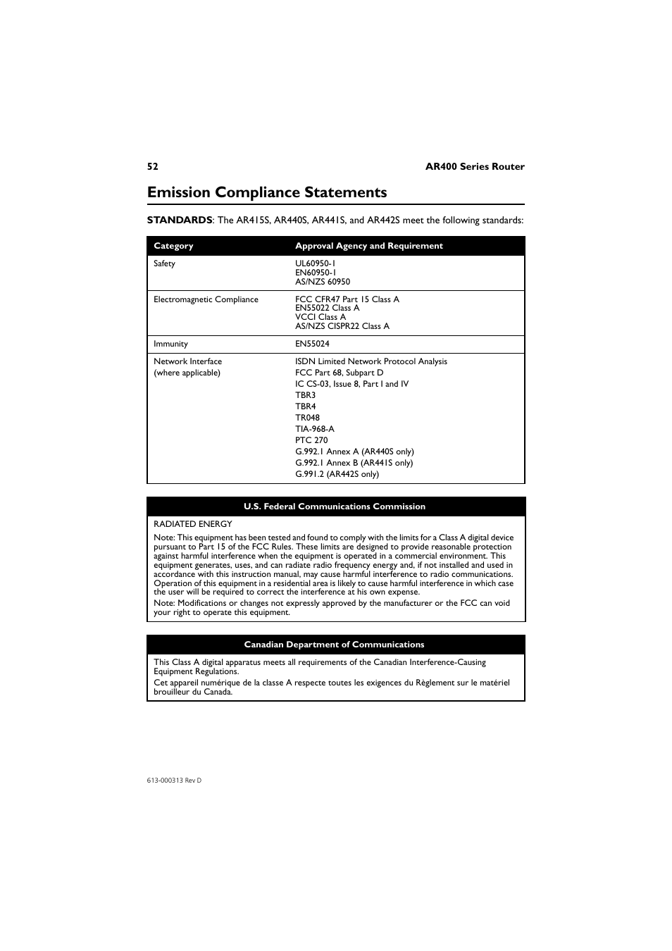 Emission compliance statements | Allied Telesis AR400 Series Router User Manual | Page 53 / 54