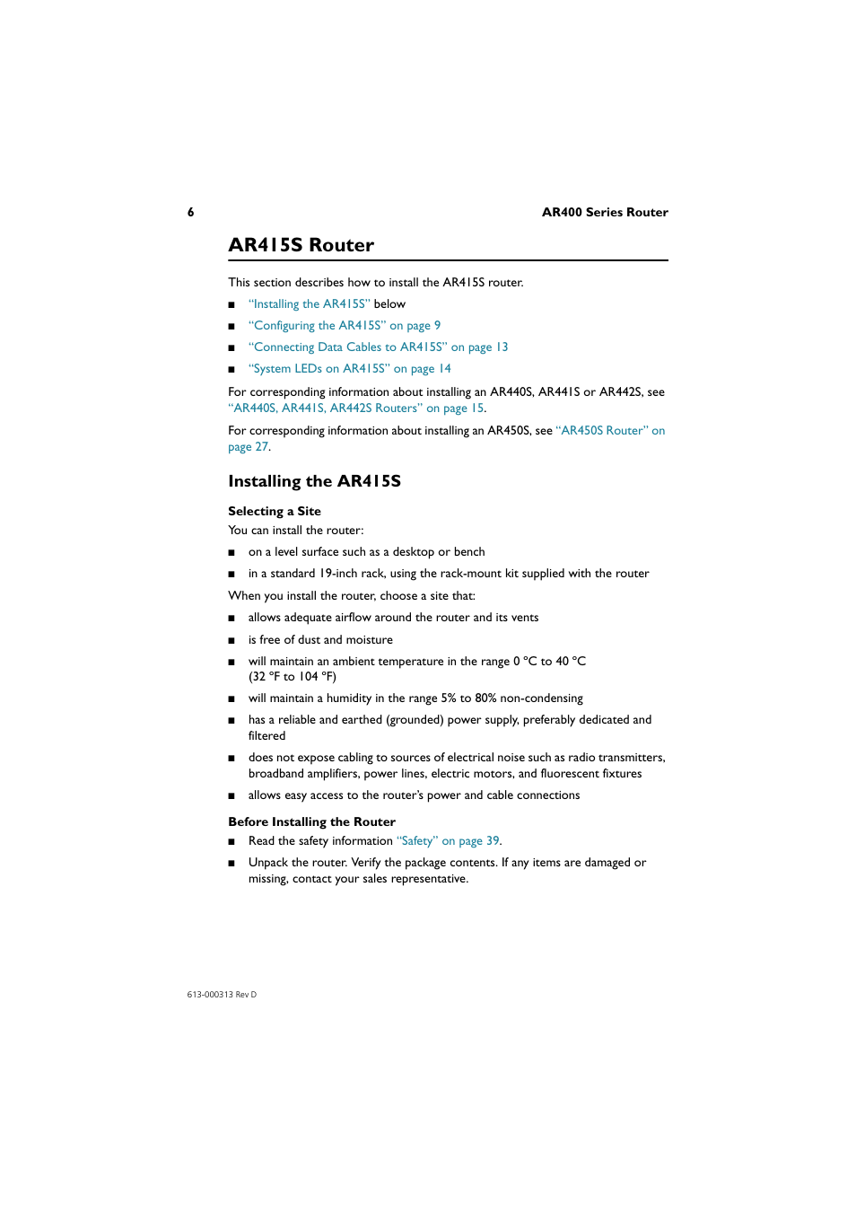 Ar415s router, Installing the ar415s | Allied Telesis AR400 Series Router User Manual | Page 7 / 54