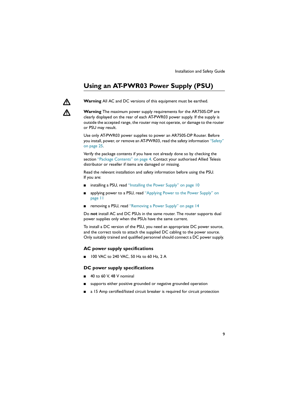 Using an at-pwr03 power supply (psu) | Allied Telesis AR750S-DP Secure VPN Router User Manual | Page 10 / 50