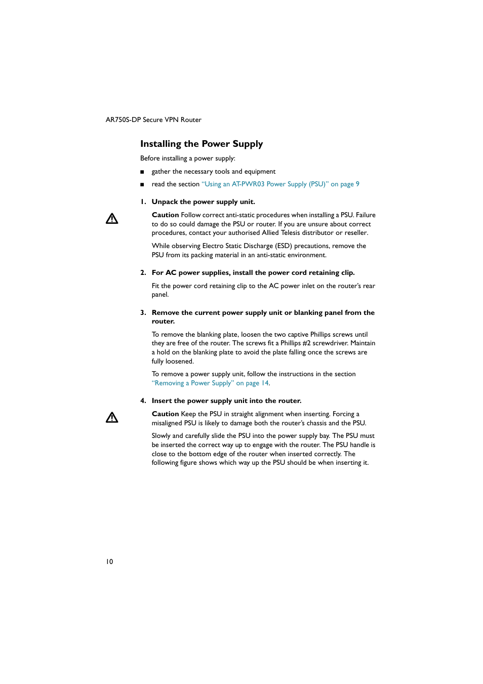 Installing the power supply | Allied Telesis AR750S-DP Secure VPN Router User Manual | Page 11 / 50