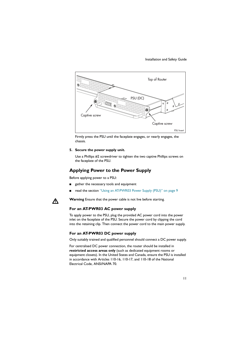 Applying power to the power supply, Applying power to the power supply” on | Allied Telesis AR750S-DP Secure VPN Router User Manual | Page 12 / 50
