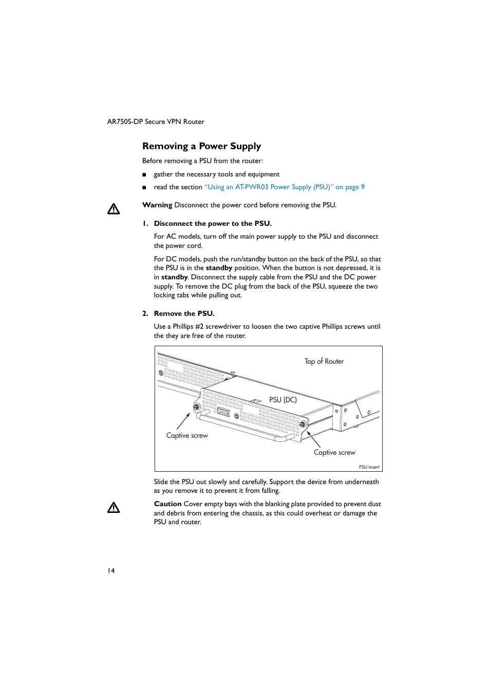 Removing a power supply | Allied Telesis AR750S-DP Secure VPN Router User Manual | Page 15 / 50