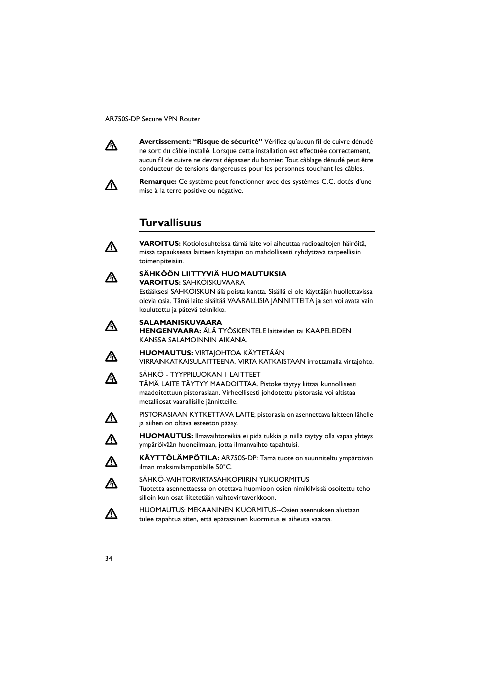 Turvallisuus | Allied Telesis AR750S-DP Secure VPN Router User Manual | Page 35 / 50