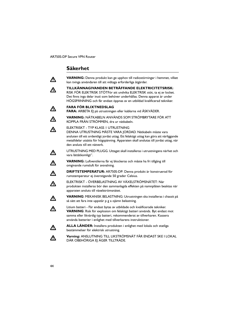 Säkerhet | Allied Telesis AR750S-DP Secure VPN Router User Manual | Page 45 / 50