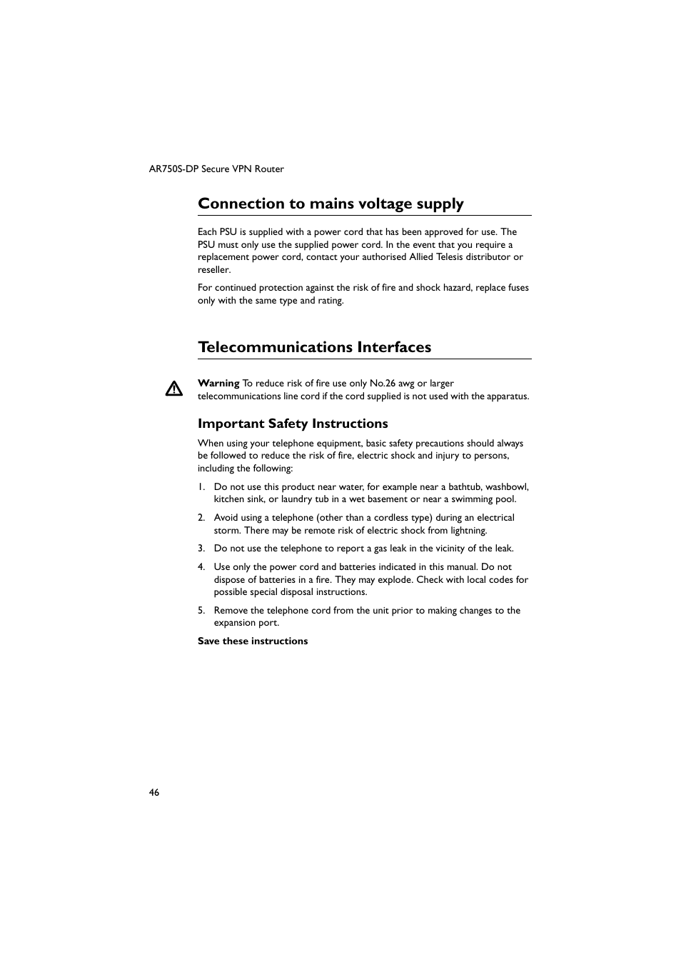 Connection to mains voltage supply, Telecommunications interfaces, Important safety instructions | Allied Telesis AR750S-DP Secure VPN Router User Manual | Page 47 / 50