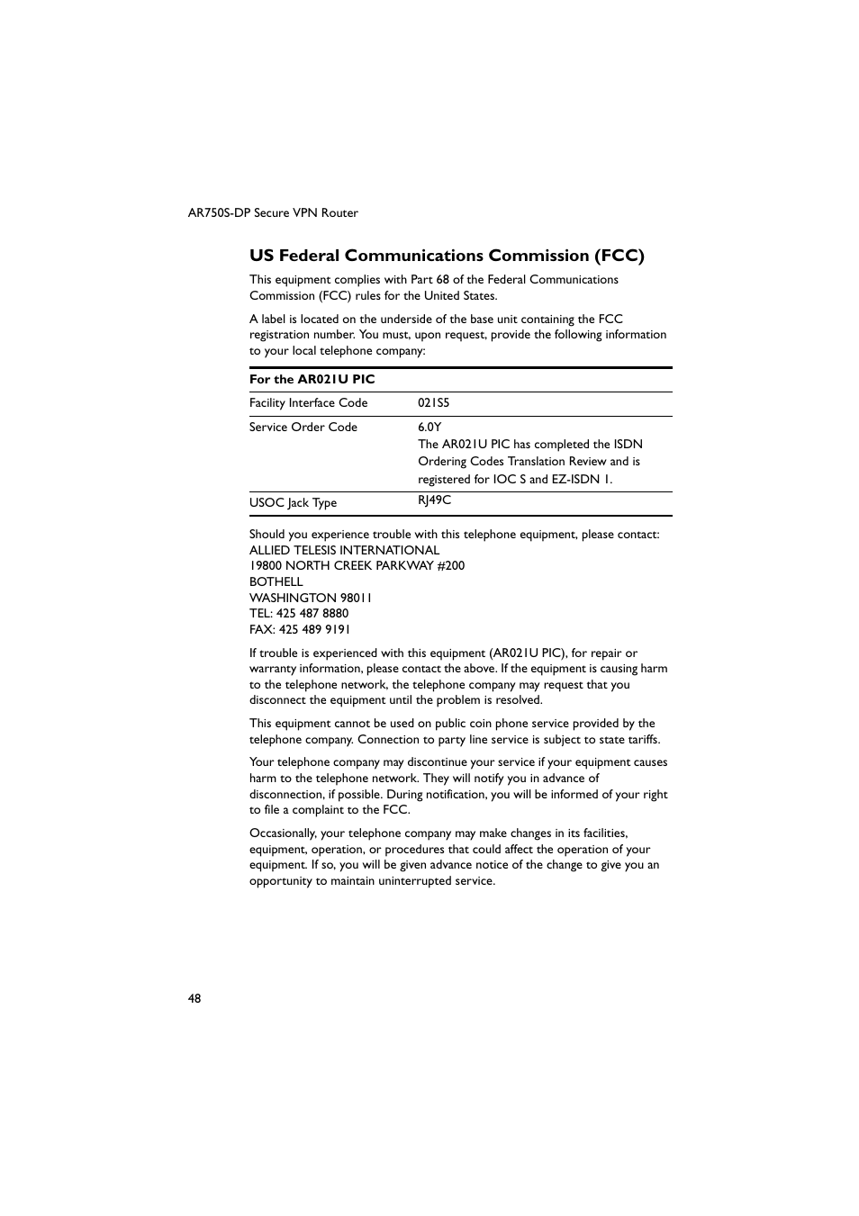 Us federal communications commission (fcc) | Allied Telesis AR750S-DP Secure VPN Router User Manual | Page 49 / 50