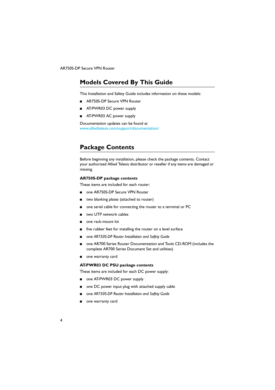 Models covered by this guide, Package contents | Allied Telesis AR750S-DP Secure VPN Router User Manual | Page 5 / 50