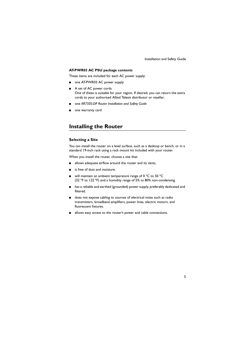 Installing the router | Allied Telesis AR750S-DP Secure VPN Router User Manual | Page 6 / 50
