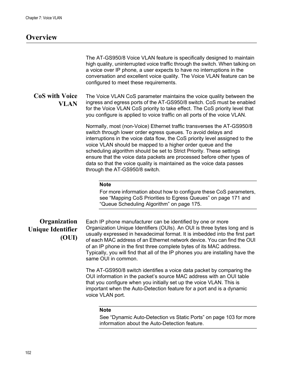 Overview, Cos with voice vlan, Organization unique identifier (oui) | Allied Telesis AT-GS950/8 User Manual | Page 102 / 364