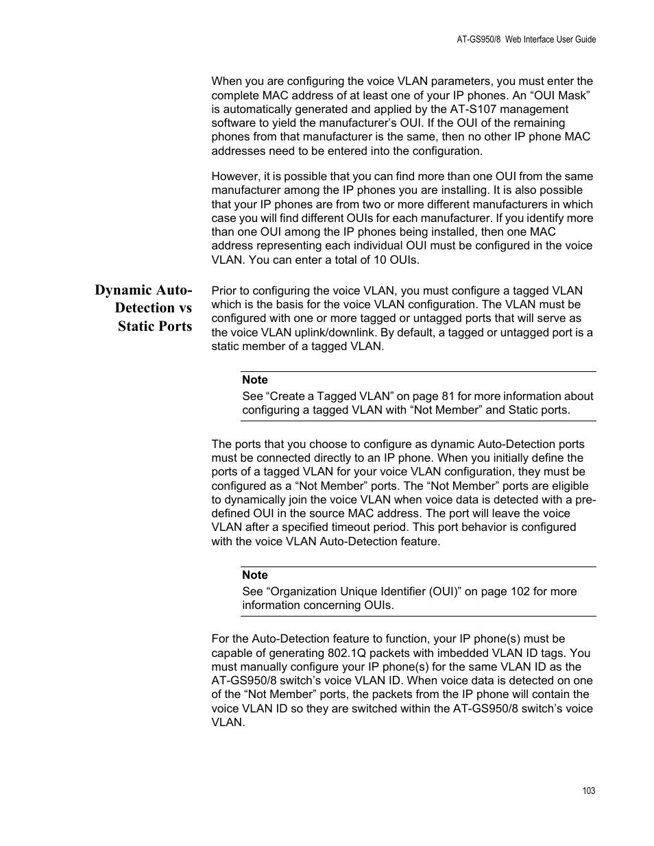 Dynamic auto- detection vs static ports, Dynamic auto-detection vs static ports | Allied Telesis AT-GS950/8 User Manual | Page 103 / 364