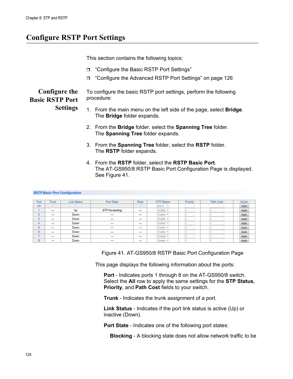 Configure rstp port settings, Configure the basic rstp port settings | Allied Telesis AT-GS950/8 User Manual | Page 124 / 364