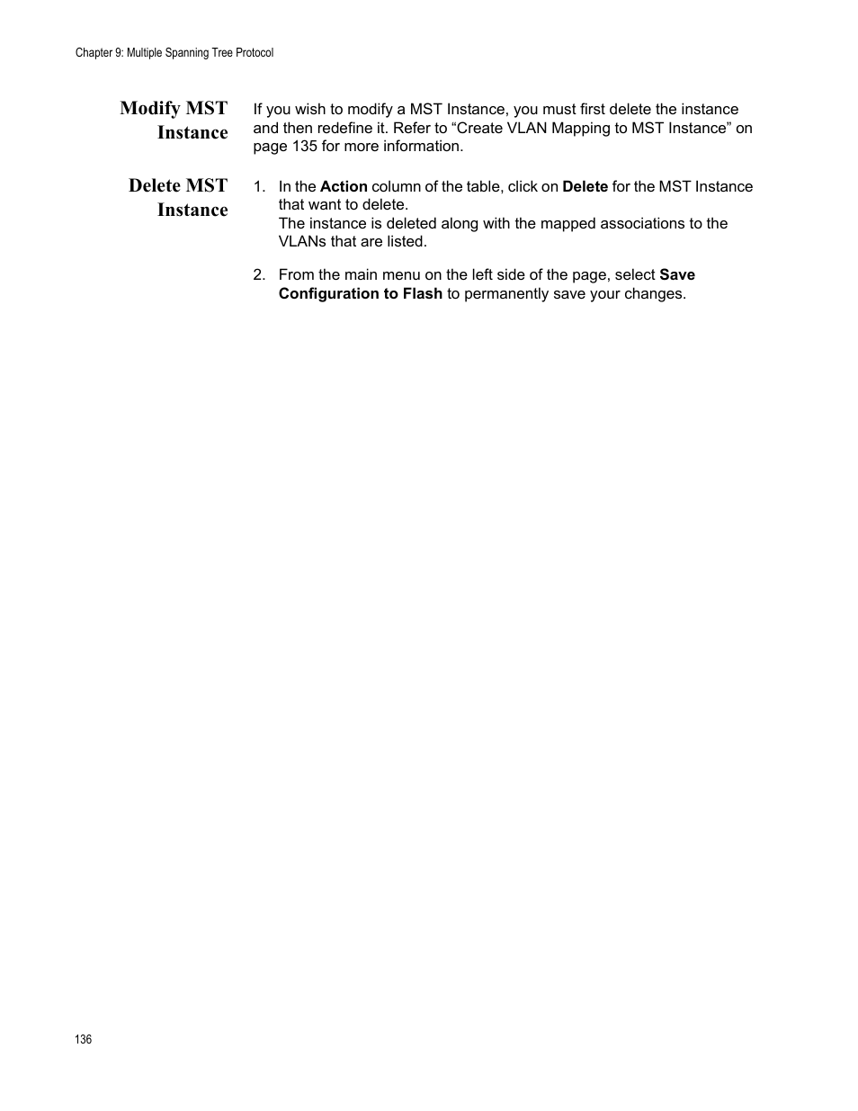 Modify mst instance, Delete mst instance, Modify mst instance delete mst instance | Allied Telesis AT-GS950/8 User Manual | Page 136 / 364