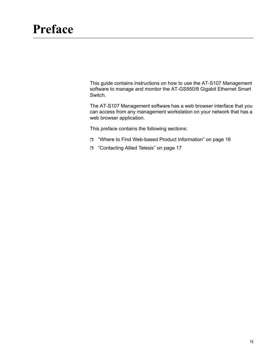Preface | Allied Telesis AT-GS950/8 User Manual | Page 15 / 364