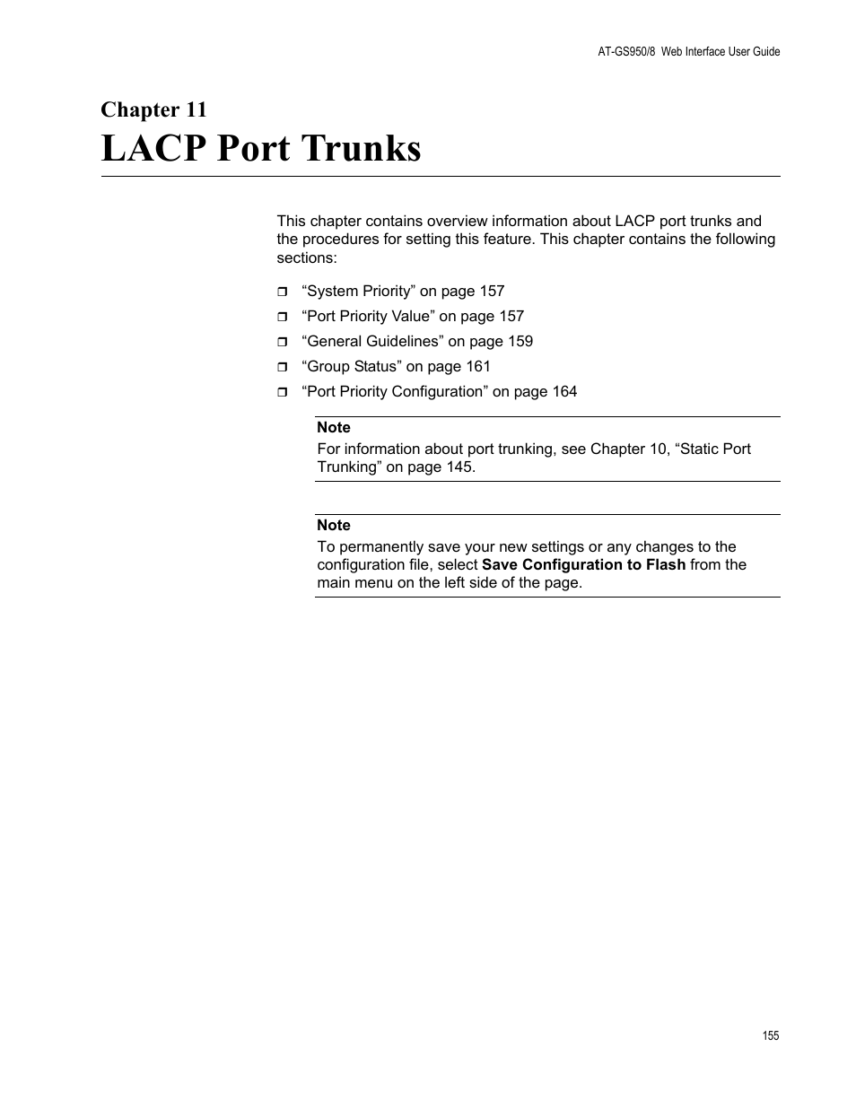 Chapter 11, Lacp port trunks, Chapte | Allied Telesis AT-GS950/8 User Manual | Page 155 / 364