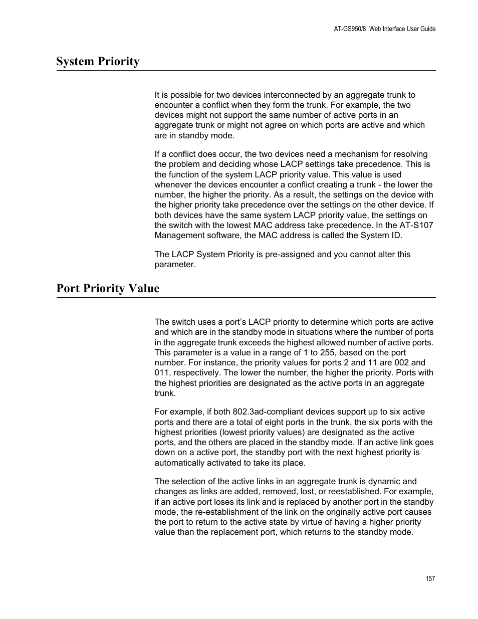 System priority, Port priority value, System priority port priority value | Allied Telesis AT-GS950/8 User Manual | Page 157 / 364