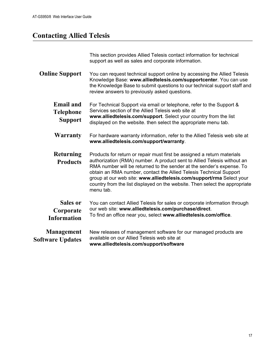 Contacting allied telesis, Online support, Email and telephone support | Warranty, Returning products, Sales or corporate information, Management software updates | Allied Telesis AT-GS950/8 User Manual | Page 17 / 364