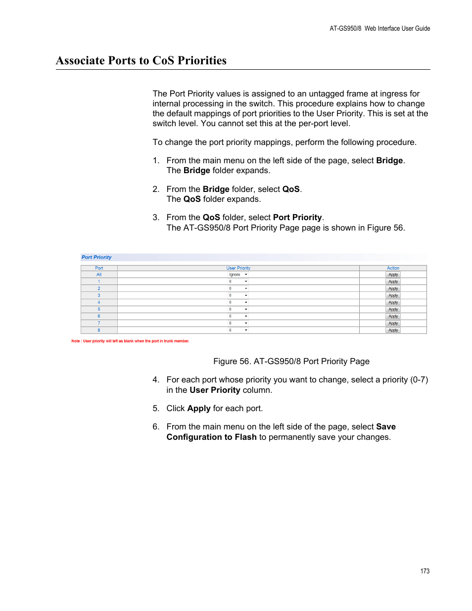 Associate ports to cos priorities | Allied Telesis AT-GS950/8 User Manual | Page 173 / 364