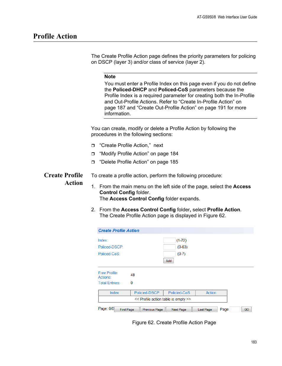 Profile action, Create profile action | Allied Telesis AT-GS950/8 User Manual | Page 183 / 364