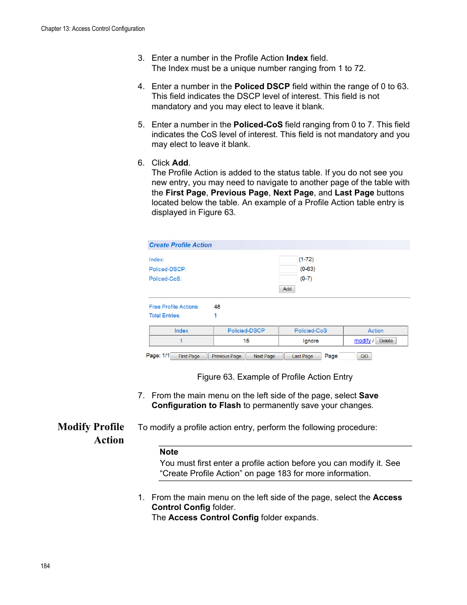 Modify profile action, Figure 63. example of profile action entry | Allied Telesis AT-GS950/8 User Manual | Page 184 / 364