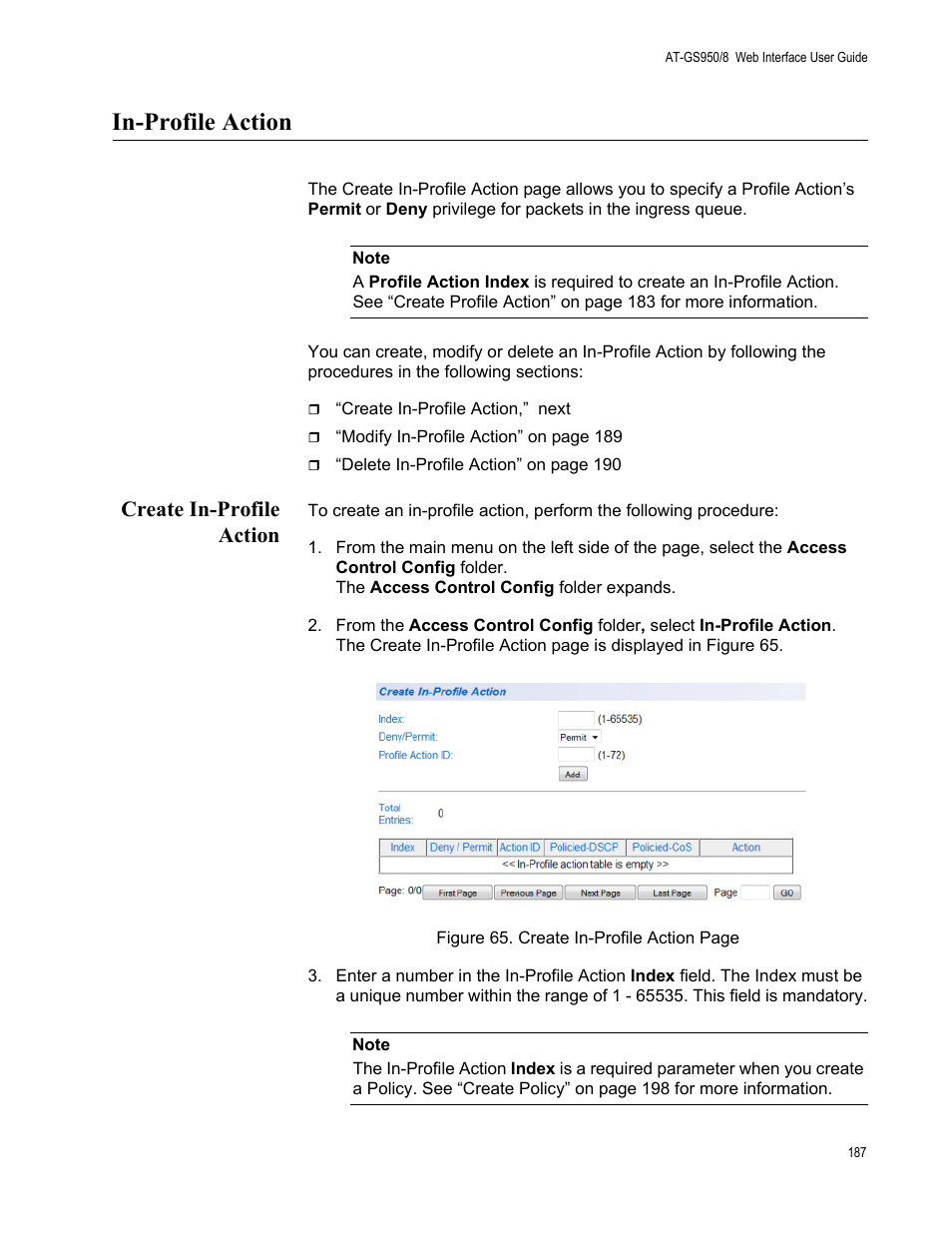 In-profile action, Create in-profile action | Allied Telesis AT-GS950/8 User Manual | Page 187 / 364